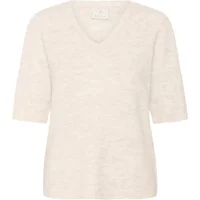 Cream Kaffe KAFFE KAIris women's sweater with V-neck and elbow-length sleeves, soft textured fabric.
