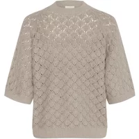 Beige KAFFE Kani Knit sweater with diamond pattern and three-quarter sleeves.