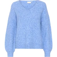 Blue KAFFE KASarla women's sweater with V-neck, textured knit, and long sleeves.