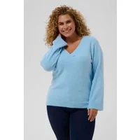Light blue V-neck sweater by Kaffe, long sleeves, relaxed fit, worn by a woman with curly hair.