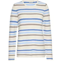 Striped women's sweater by Kaffe, featuring blue, white, and beige horizontal stripes with long sleeves.