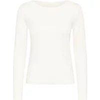 White KAFFE Lizza Knit sweater with long sleeves and a round neckline.