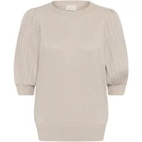 Beige Kaffe Regina Pleat sweater with round neck, ribbed texture, and pleated three-quarter sleeves.
