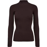 Dark brown Nümph Bia sweater, long-sleeved, fitted design, high neckline, ribbed texture.