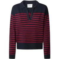 Navy and red striped Pepe Jeans Carlina sweater with a collar and V-neck design.