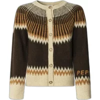 Brown and cream knit sweater with zigzag pattern, round neck, button front, and "PEPE" text on sleeve.