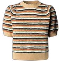 Striped short-sleeve sweater with brown, black, and white horizontal stripes, ribbed cuffs, and hem by Pepe Jeans.