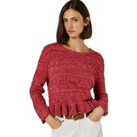 Red textured knit sweater with long sleeves, round neckline, and ruffled hem by Pepe Jeans.