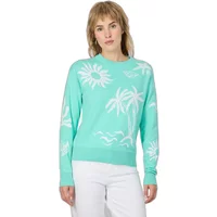 Teal Ragwear Morthy sweater with white tropical print, long sleeves, and ribbed cuffs.