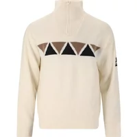 Cream SOS Aboda women's sweater with high collar, front zipper, and geometric triangle pattern in black and brown.