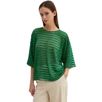 Stefanel women's sweater, green with horizontal stripes, loose fit, short sleeves, round neckline.