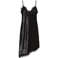 Black satin nightgown with lace trim, spaghetti straps, and asymmetrical hem by Soaked in Luxury.