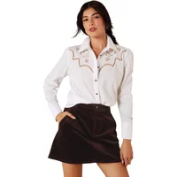 White Ariat women's shirt with floral embroidery and brown piping on the yoke, button-up front, long sleeves.