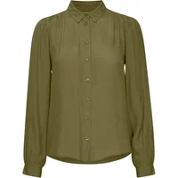 Olive green long-sleeve blouse with button front, pleated shoulders, and classic collar by Atelier Rêve Irnoella.