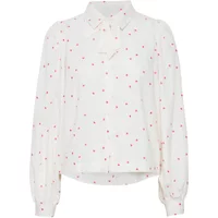 White woman's shirt with red floral pattern, button-down front, long sleeves, and a pointed collar by Atelier Rêve.