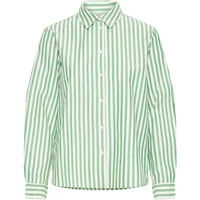 Green and white vertically striped woman's shirt with long sleeves and a classic collar.