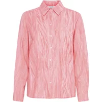 Pink b.young Ilzine women's shirt with crinkled texture, button-up front, and pointed collar.