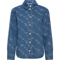 Blue denim b.young Kanio women's shirt with floral pattern, button-up front, and classic collar.