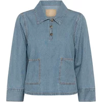 Blue denim shirt with collar, buttoned placket, long sleeves, and front patch pockets.