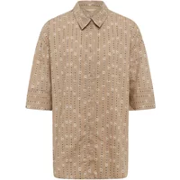 Beige short-sleeve woman's shirt with geometric pattern and pointed collar.