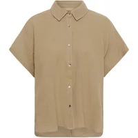 Beige short-sleeve button-up shirt with collar, loose fit, and subtle texture.