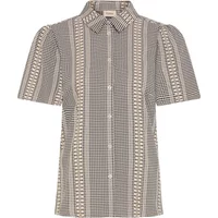 Women's fransa Bronwen 1 shirt with short sleeves, button-up front, and striped pattern in neutral tones.