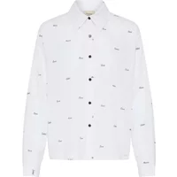 White fransa Carlotta 1 woman's shirt with small black text print, button-up front, and pointed collar.