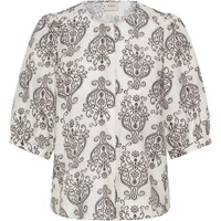 White fransa Riana 10 woman's shirt with black paisley pattern and puffed three-quarter sleeves.