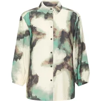 Cream and teal abstract print button-up shirt with long sleeves and a classic collar.