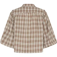 Plaid Ichi Bitina woman's shirt with wide sleeves, button-up front, and beige, brown, and white checkered pattern.