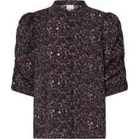 Black Ichi Kashi woman's shirt with pink floral pattern, puffed 3/4 sleeves, and a high collar.