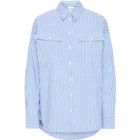 Blue and white striped button-up shirt with long sleeves and chest pockets, by Ichi Katja.