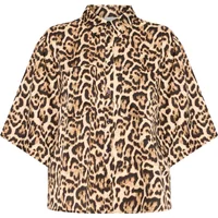 Leopard print woman's shirt by Ichi Nima with wide sleeves and button-up front.
