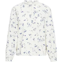 White Ichi Qwina woman's shirt with blue floral pattern, long sleeves, and a high collar.