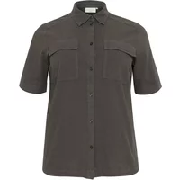 Dark gray KAFFE Curve Nana Liah women's shirt with short sleeves, button-up front, and two chest pockets.
