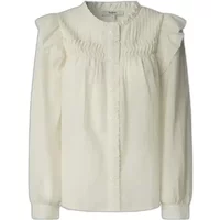 White long-sleeve blouse with ruffled shoulders and pleated front detail, by Pepe Jeans.