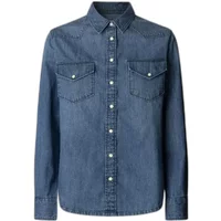 Blue denim shirt by Pepe Jeans, long sleeves, button-up front, two chest pockets with flaps, classic collar.