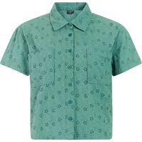 Green short-sleeve button-up shirt with floral pattern, two chest pockets, and a collar.