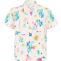 Cream short-sleeve shirt with colorful abstract floral and sun patterns, button-up front, and collar.