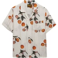 White Superdry Beach Printed shirt with orange fruit and green leaf pattern, short sleeves, and button-up front.