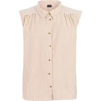 Sleeveless shirt by Protest Peacy, beige with vertical stripes, button-up front, and pleated shoulders.