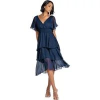 Navy blue chiffon midi dress with butterfly sleeves and tiered skirt by Goddiva.