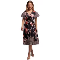 Butterfly sleeve midi dress with floral print, V-neckline, and tie waist in black and pink by Goddiva.
