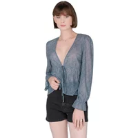 Blue chiffon blouse with deep V-neck, long sleeves, and front tie detail.