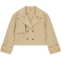 Beige cropped women's coat by Guess with double-breasted buttons, wide lapels, and cuffed sleeves.