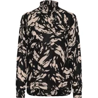 Black and beige patterned smock blouse with high ruffled collar and long sleeves.