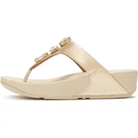 Women’s thong wedge sandals, metallic gold with jewel accents, cushioned sole, FitFlop Lulu Ultra-Jewel design.