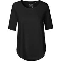 Black women’s three-quarter sleeve t-shirt with a round neckline and relaxed fit.