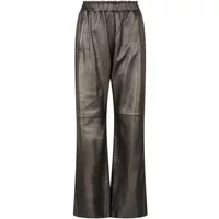 Wide leather trousers in dark brown with elastic waistband and straight leg design by Oakwood Uranus.