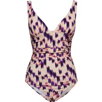 Women's 1-piece jersey by Ichi Accessories, featuring a purple and beige abstract pattern with a deep V-neckline.